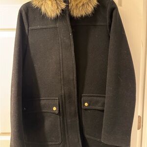 J. Crew Elegant Black mercantile wool peacoat with faux fur hood